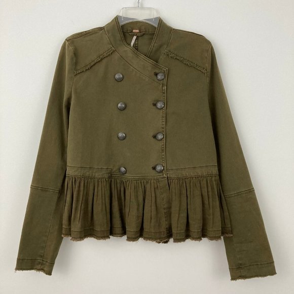 Free People Ruffle Hem Military Jacket Size S Double Breasted Peplum Green - Picture 4 of 11